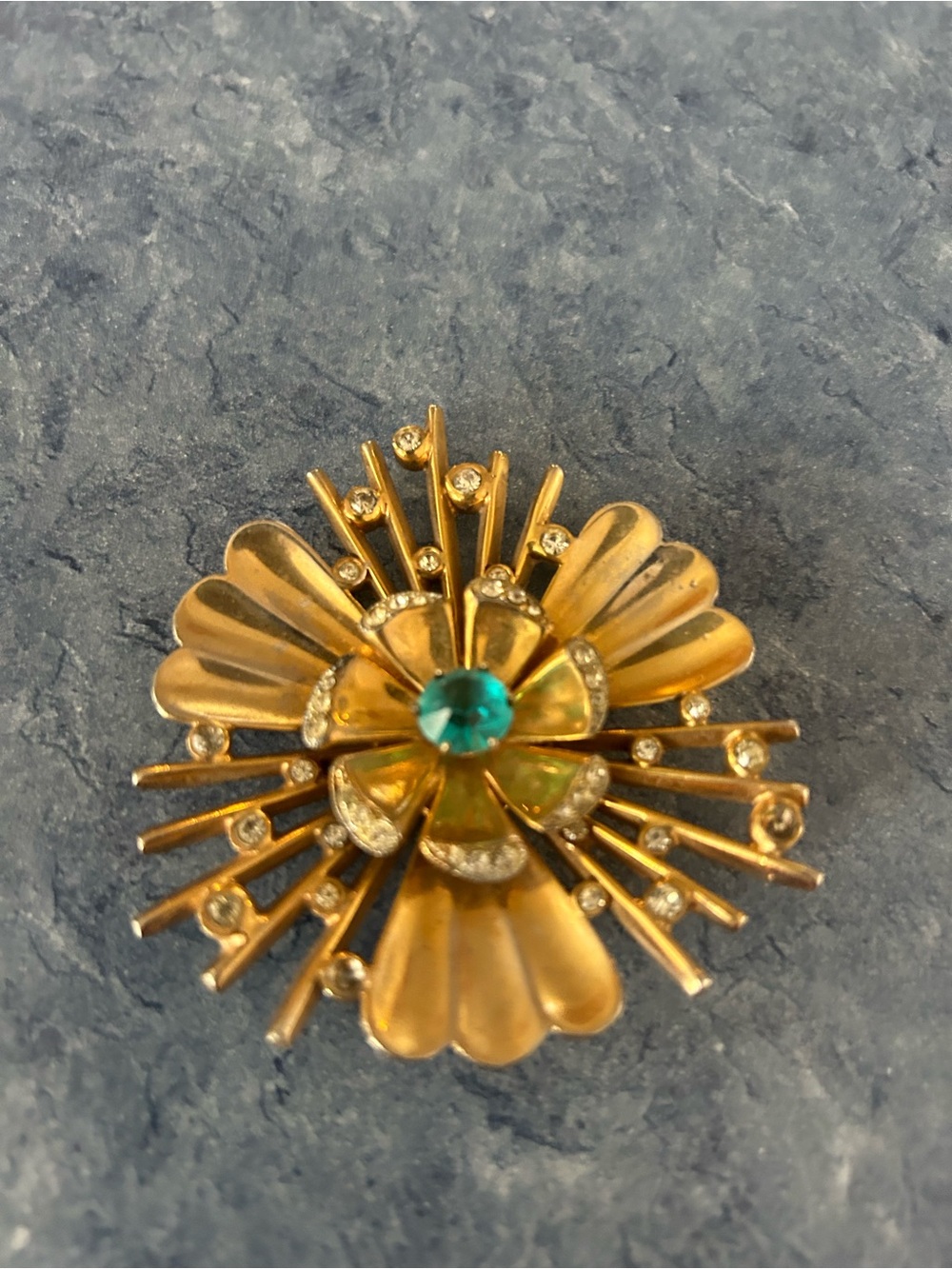 Vintage Gold Floral Brooch with Teal Center